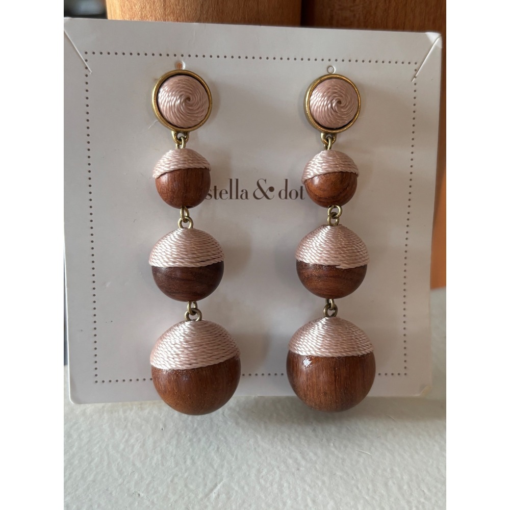 Stella & Dot Wood and Blush Pink Cord Graduated Tiered Drop Dangle Earrings